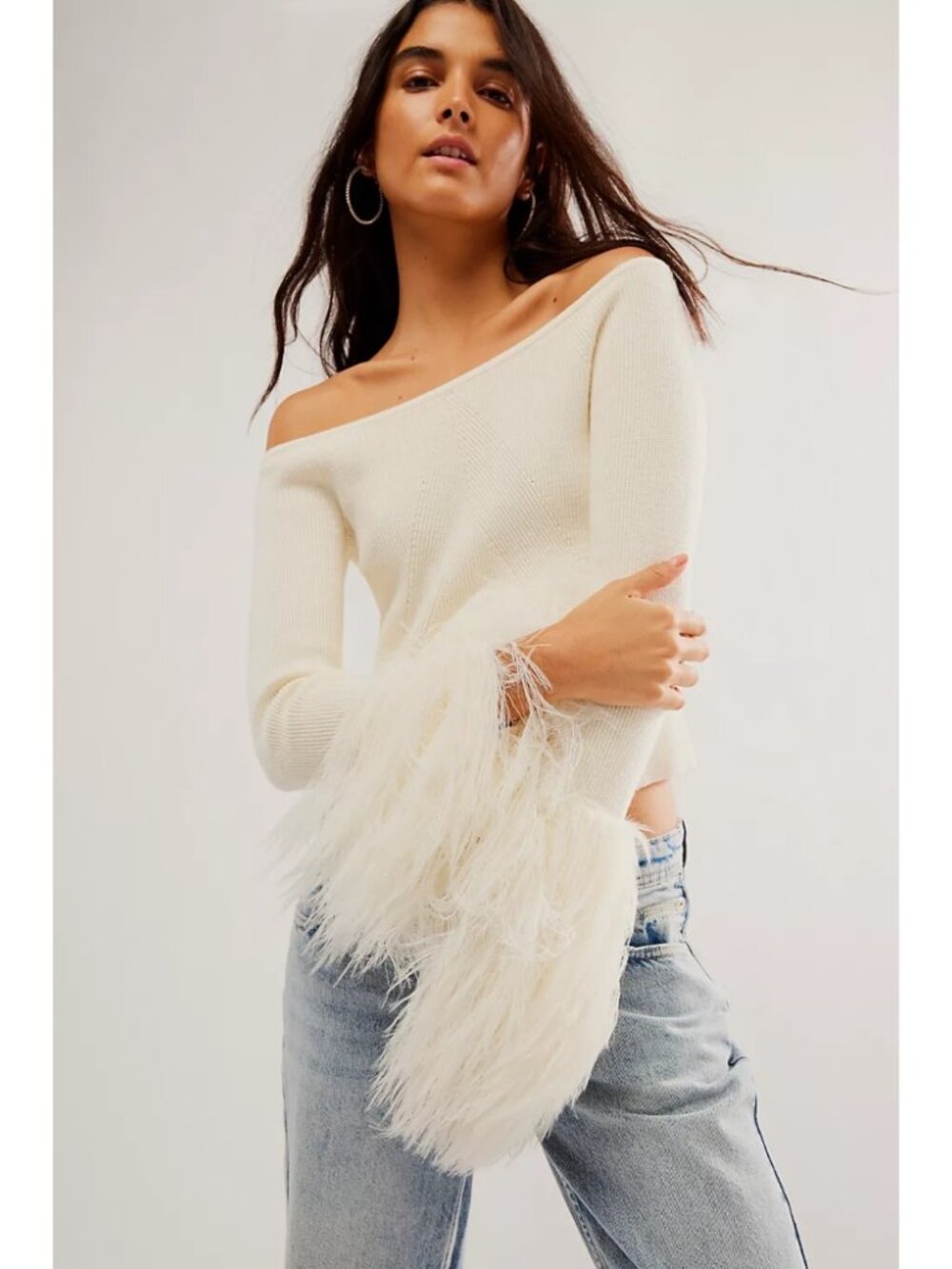 Free People Marilyn Pullover Cream Feather Cuff Knit Sweater Off Shoulder Sz XS